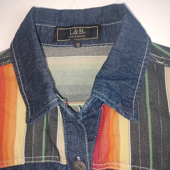Lucky & Blessed Shirt Denim Western Southwest South Cowgirl Blue Green Aztec M - Picture 8 of 16